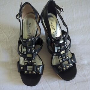 White House Black Market Black Studded Leather Cork Wedge‎ Sandals Womens Sz 6M